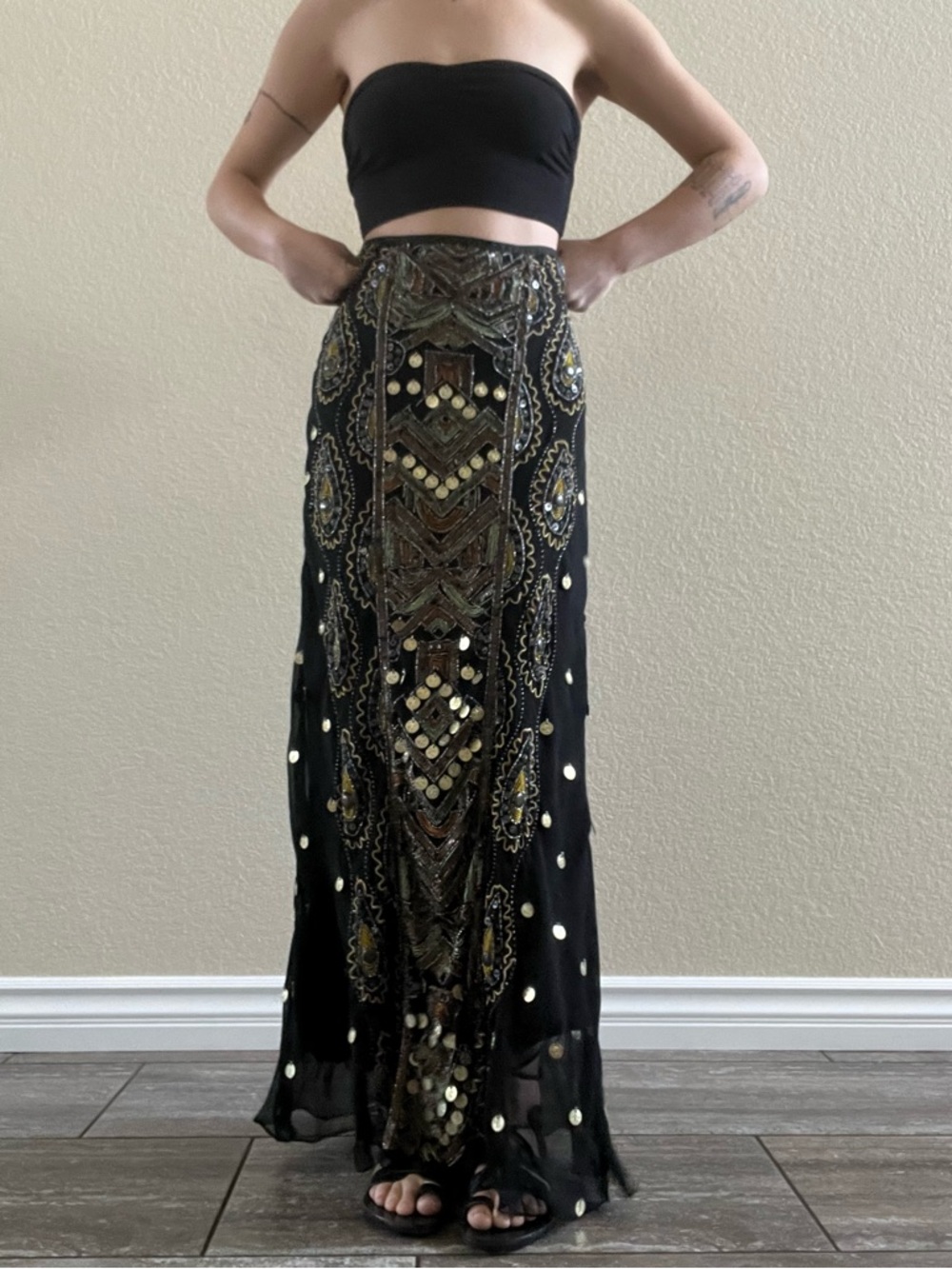 Vintage Black Beaded Maxi Skirt with Gold Accents